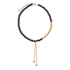 black stone necklace with gold beads and hanging chain Chic Gold Necklaces With Round Beads, Chic Gold Necklace With Round Beads, Elegant Gold Necklaces With Black Beads, Elegant Gold Necklace With Black Beads, Luxury Gold Jewelry With Black Beads, Gold Onyx Jewelry With Black Beads, Elegant Yellow Gold Necklaces With Dangling Beads, Gold Onyx Beaded Necklaces With Black Beads, Gold Onyx Beaded Necklace With Black Beads