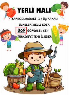 an image of a farmer with vegetables and children in the background text reads yerli mail