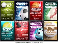 a set of sports flyers or brochures with balls, bats and other items