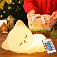 a person holding a box with a cat shaped light next to it and a remote control