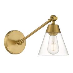 an antique brass finish wall light with clear glass shade on the front and back side