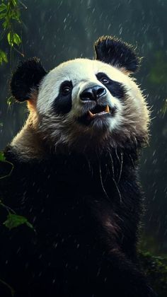 a panda bear sitting in the rain with its mouth open