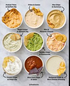 the different types of dips and chips in bowls on a marble countertop with text overlay