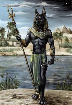 an egyptian god holding a staff and standing in front of a body of water with pyramids in the background