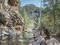 a river running through a forest filled with lots of rocks and trees on the side of a mountain