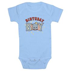 Now babies can spread their cute ears and soar away with Dumbo and this officially licensed Disney Dumbo Birthday Boy Infant Graphic Bodysuit! This festive bodysuit features Dumbo's adorable face as the letter 'o' in the statement: "Birthday Boy" printed in western-style font across the front. Dress your own little peanut with this new Dumbo apparel and enjoy an elephant-astic Disney style that is perfect for your Disney-loving toddler! Cute Unisex Bodysuit For Birthday, Casual Fitted Onesie For Birthday, Playful Fitted Onesie For Birthday, Fitted Short Sleeve Onesie For Birthday, Blue Onesie With Character Print For Playtime, Fun Short Sleeve Onesie For Birthday, Playful Short Sleeve Bodysuit For Birthday, Casual Birthday Bodysuit With Letter Print, Casual Letter Print Onesie For Birthday