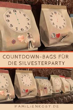 there are many bags with clocks on them and the words down - bags fur die silvesterparrty