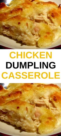 chicken dumpling casserole on a white plate with the words recipe written below