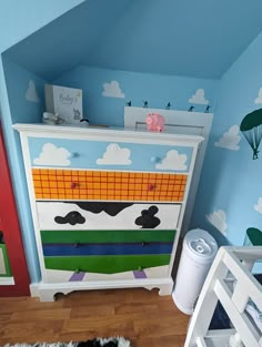 Diy Toy Story Bedroom, Toy Story Dresser Diy, Toy Story Theme Bedroom, Diy Toy Story Room Decor, Inside Out Nursery, Gender Neutral Toy Story Nursery, Buzz Lightyear Bedroom Ideas, Toy Story Themed Bedroom