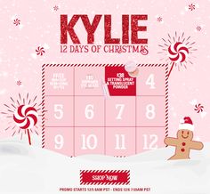 a pink calendar with candy canes and a gingerbread man in the snow on it