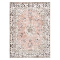 an orange and beige rug with floral designs on the bottom, in front of a white background