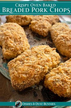 crispy oven baked breaded pork chops on a plate with text overlay