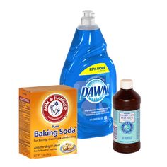 two bottles of baking soda and a carton of dawn deterant on a white background