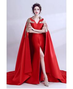 Buy Exaggerated Red Satin Formal Cheongsam Dress In Chinese Style at wholesale price online. Free shipping and pro custom service since 2009. Red Chinese Dress, Maxi Wedding Dress, Chinese Princess Dress, Cheongsam Wedding, Luxury Embroidery, Red Luxury, Green Wedding Dresses, Chinese Wedding Dress, Chinese Style Dress