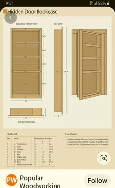 the wooden bookcase is shown with measurements