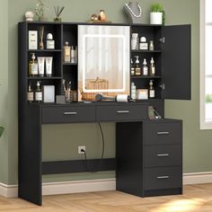 a black desk with shelves and drawers in a room