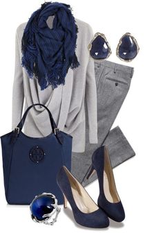 Navy Pumps, Mode Tips, Drape Top, Flannel Pants, Mode Casual, Grey Outfit, Blue Outfit, Work Outfits Women, Work Wardrobe