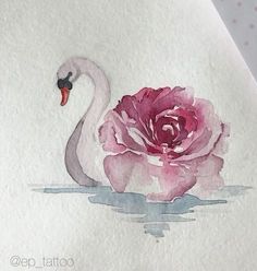 a watercolor painting of a pink rose and a white swan