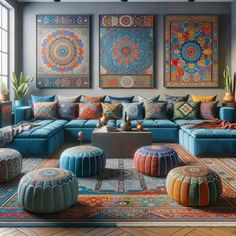 a living room filled with blue couches and colorful paintings on the wall above them