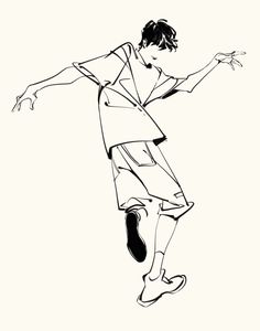 a black and white drawing of a person jumping in the air with their arms outstretched