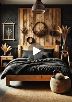 a bed room with a neatly made bed next to a wooden headboard and wall hangings