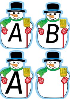 four snowmen with hats, scarfs and scarves are shown in the shape of letters