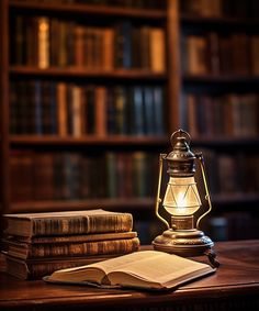 an open book is sitting on a table next to a lamp and bookshelf