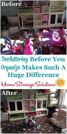 the before and after pictures of an organized playroom