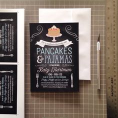 a black and white wedding card with the words pancakes and pramas on it