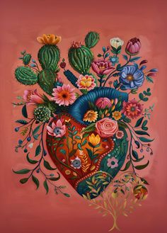 a painting of flowers and plants in a heart shaped vase on a pink background with green leaves