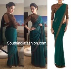 Tamanna in Tarun Tahiliani Saree ~ Celebrity Sarees, Designer Sarees, Bridal Sarees, Latest Blouse Designs 2014 Teal Green Saree Contrast Blouse, Pradeep Machiraju, Bridal Saree Blouse Designs, Saree Celebrity, Tarun Tahiliani Saree, Bridal Saree Blouse, Plain Chiffon Saree, Sarees Bridal, Blouse Saree