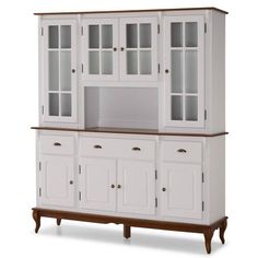 a white china cabinet with glass doors on the top and bottom drawers, in front of a white background