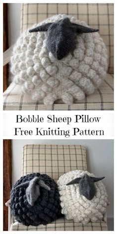 two sheep pillows sitting on top of a chair with the words bubble sheep pillow free knitting pattern