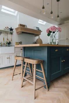 two stools are in front of the kitchen island