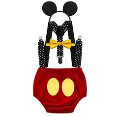 PRICES MAY VARY. ❥❥ Adorable and handsome 4 piece cartoon birthday cake smash outfit that comes complete with a red/black nappy cover, a Mouse ear headband, a yellow/blue/black bow tie and red/black mini white polka dot adjustable suspenders. ❥❥ Bow-tie and diaper cover made of cotton + polyester, Mouse ear headband made of foam and wrapped in smooth black fabric; the whole set is soft, skin-friendly for a comfortable birthday costume that your baby will love to wear again and again. ❥❥ Baby Blo Baby Boys First Birthday, Christmas Suspenders, Mickey Costume, Boys First Birthday, Cake Smash Outfit Boy, Birthday Costume, Cartoon Birthday, Girls Denim Skirts, Smash Cake Boy