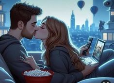 a man and woman are kissing while watching movies on their laptops in the city