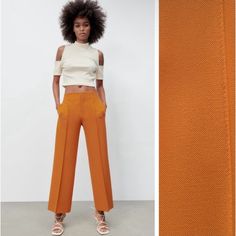 New, Zara Orange Cropped Trousers/Pants . These Fun Pants Are Perfect For Any Sunny Occasion! The Obvious Seams And Side Zipper Makes Them Especially Flattering. . Women’s Size Medium. Summer Dress Pants With Pockets And Straight Fit, Summer Wide Leg Dress Pants For Work, Summer Ankle-length Dress Pants With Pockets, Chic Summer Pants For Work, Chic Summer Workwear Pants, Elegant Orange Pants For Workwear, Fitted Wide Leg Pants For Summer, High-waisted Summer Workwear Pants, Trendy Wide Leg Summer Dress Pants