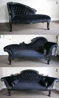 three pictures of an ornate black couch