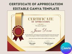 certificate of appreciation template with gold border and red ribbon on it, in front of a gray background