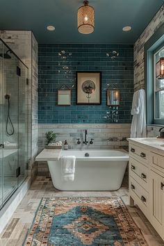 moody bathroom, dark bathroom, blue bathroom, vintage bathrooms Bold Bathroom Ideas, Moody Vintage Bedroom, Vintage Blue Bathroom, Creative Bathroom Ideas, Dark Blue Bathrooms, Vintage Bedroom Ideas, Small Full Bathroom, Bold Bathroom, Dark Bathroom