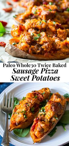 two plates with different types of food on them and the words pale whole twice baked sausage pizza