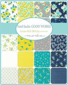 an assortment of flowered fabrics in blue, yellow and white with the words feed stacks good works