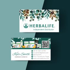 two business cards for herblife, including an image of leaves and herbs on them