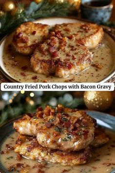 two pictures of chicken with bacon gravy in a bowl and on a plate