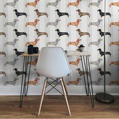 a wallpaper with dachshund dogs on it next to a white chair