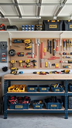 a workbench with tools hanging on the wall and shelves filled with construction supplies