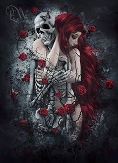 a skeleton hugging a red haired woman with roses in her hair and the caption saying, loving you was like loving the dead