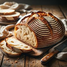 a loaf of bread sitting on top of a wooden cutting board next to sliced bread