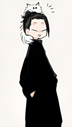 a drawing of a woman with a cat on her head and black coat, standing in front of a white background