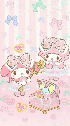 an image of hello kitty wallpaper with pink and white stripes on the bottom half